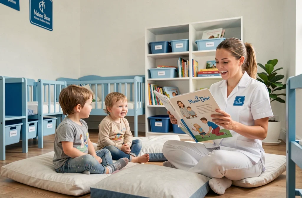 Séance de lecture en groupe dans une crèche La Maison Bleue du réseau breton avec une éducatrice et des jeunes enfants