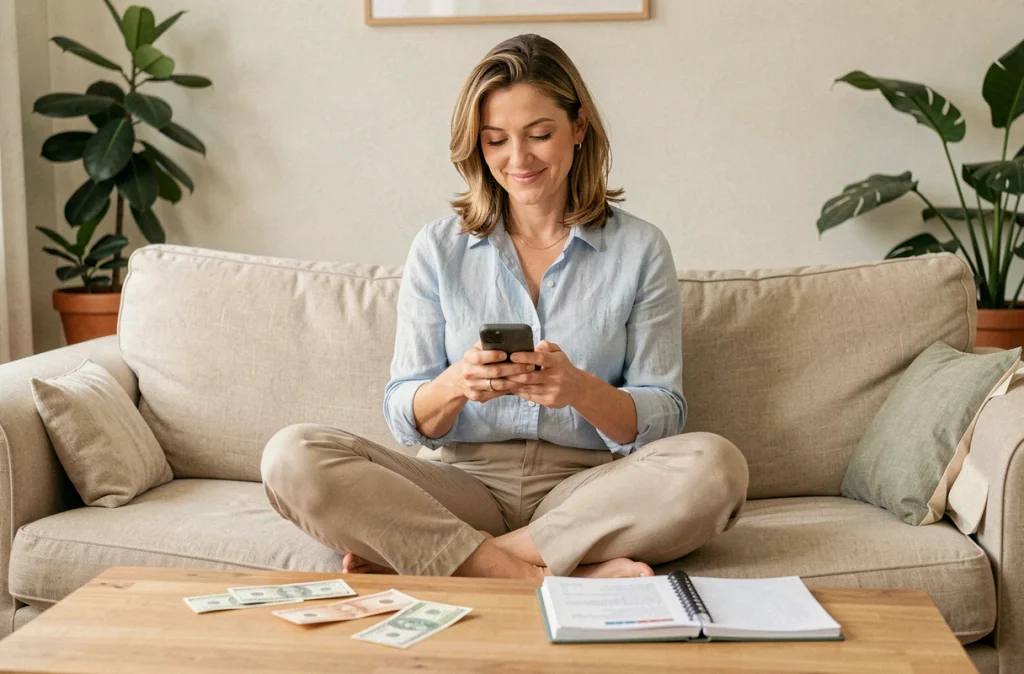 Maman solo souriante utilisant une application d'aide financière sur son smartphone dans son salon