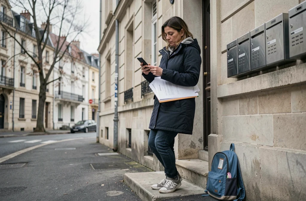 Maman solo déterminée avec des documents administratifs devant son immeuble résidentiel