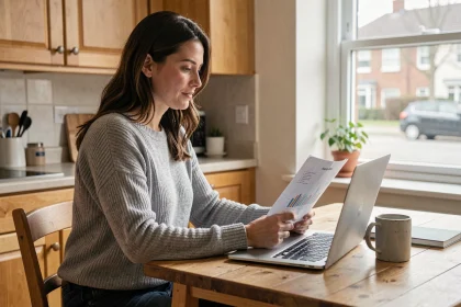 Maman solo concentrée sur ses finances devant un ordinateur portable dans une cuisine chaleureuse