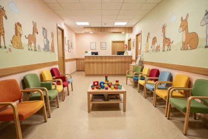 Salle d'attente d'un cabinet pédiatrique chaleureux dans la Loire avec jouets et mobilier coloré