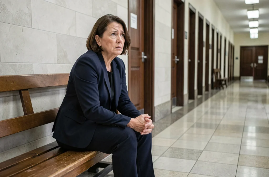 Femme anxieuse assise seule dans un couloir de palais de justice, attendant une convocation devant le tribunal pour enfants