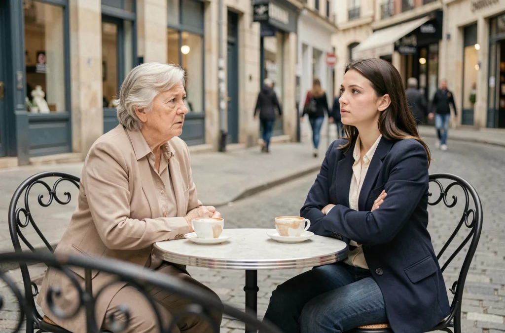 Mère et fille à la terrasse d'un café avec une tension émotionnelle subtile entre elles