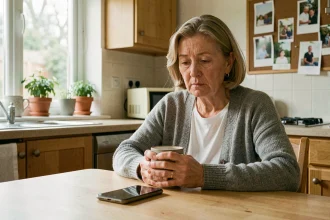 Mère âgée seule à table attendant un appel de sa fille sur son téléphone