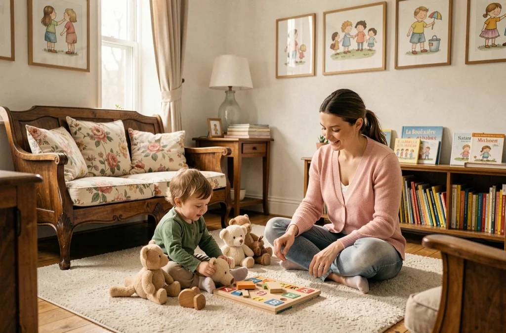 Espace de jeu confortable de la micro-crèche Doudou et Cie à La Bouëxière avec des enfants et une professionnelle bienveillante