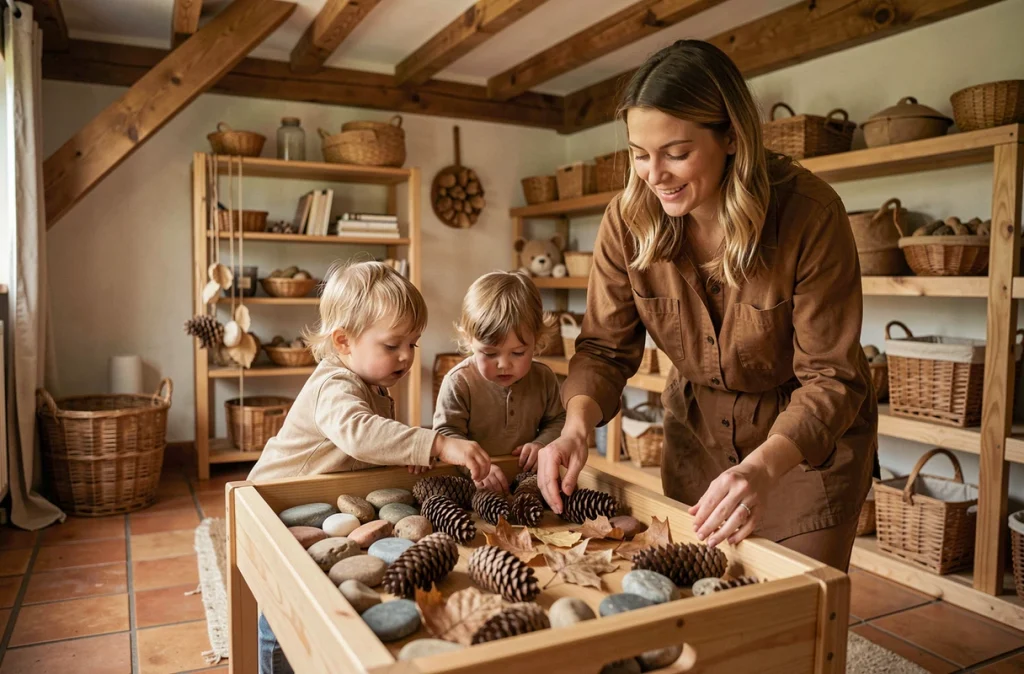 Activité sensorielle à la micro-crèche Nawan à Landudal avec des enfants explorant des matériaux naturels encadrés par une éducatrice