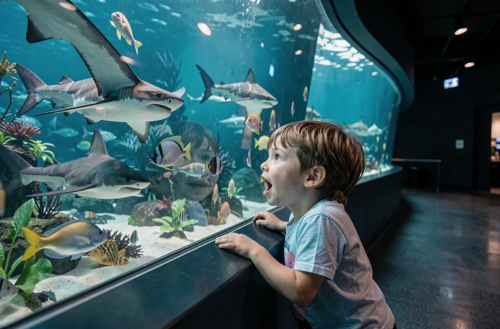 Enfants émerveillés devant un grand aquarium à Océanopolis, aquarium de Brest avec requins et raies