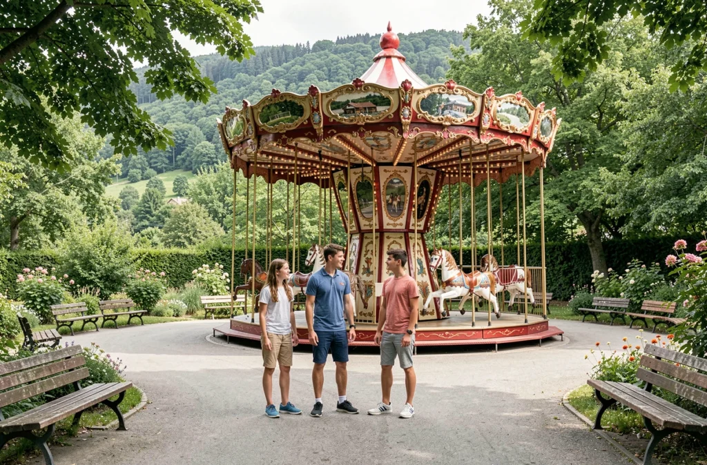 Famille devant le carrousel du Parc des Combes à Le Creusot