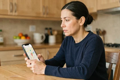 Mère consultant une application GPS gratuite sur son smartphone pour localiser son enfant en temps réel
