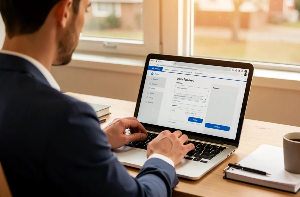 Parent devant un ordinateur portable consultant un portail familles