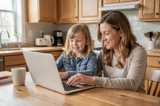 Parent et enfant devant un ordinateur portable dans une cuisine