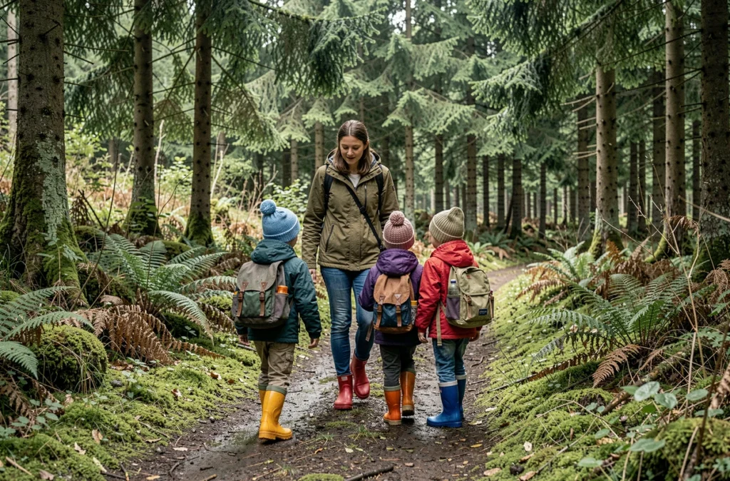 Animatrice et enfants en balade nature aux Petits Loubs de Bola à Vernierfontaine