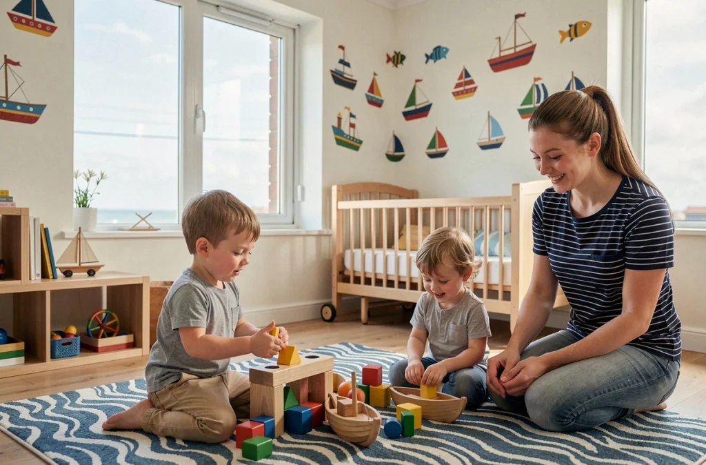 Salle à thème nautique de la crèche Les Petits Matelots à Dinard avec des enfants jouant avec des jouets en bois inspirés de la mer