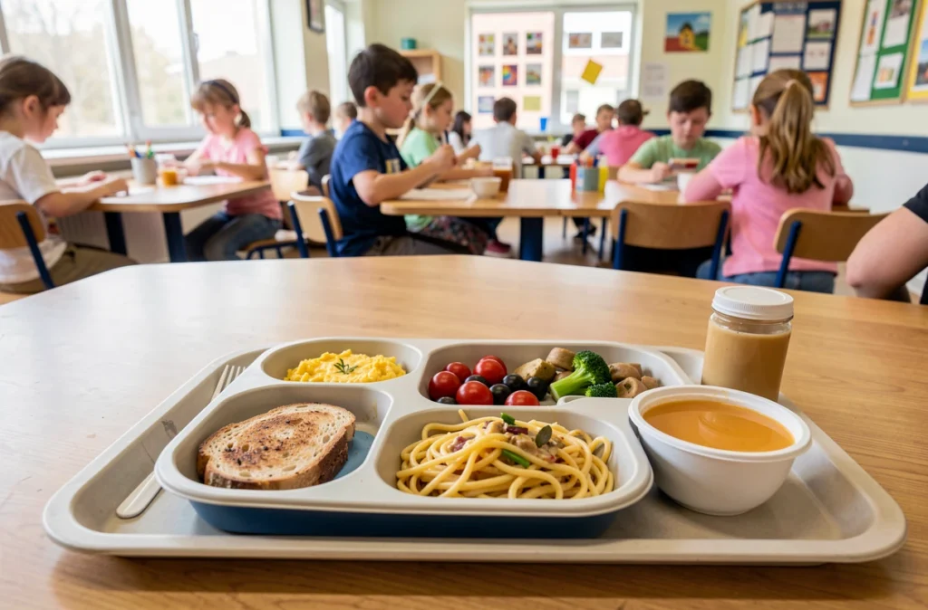 Plateau repas d'enfant dans une cantine scolaire