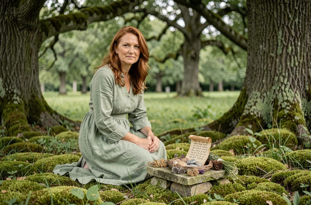 Femme agenouillée devant un autel de pierres naturelles en forêt, illustrant les racines spirituelles et celtiques du prénom Evan
