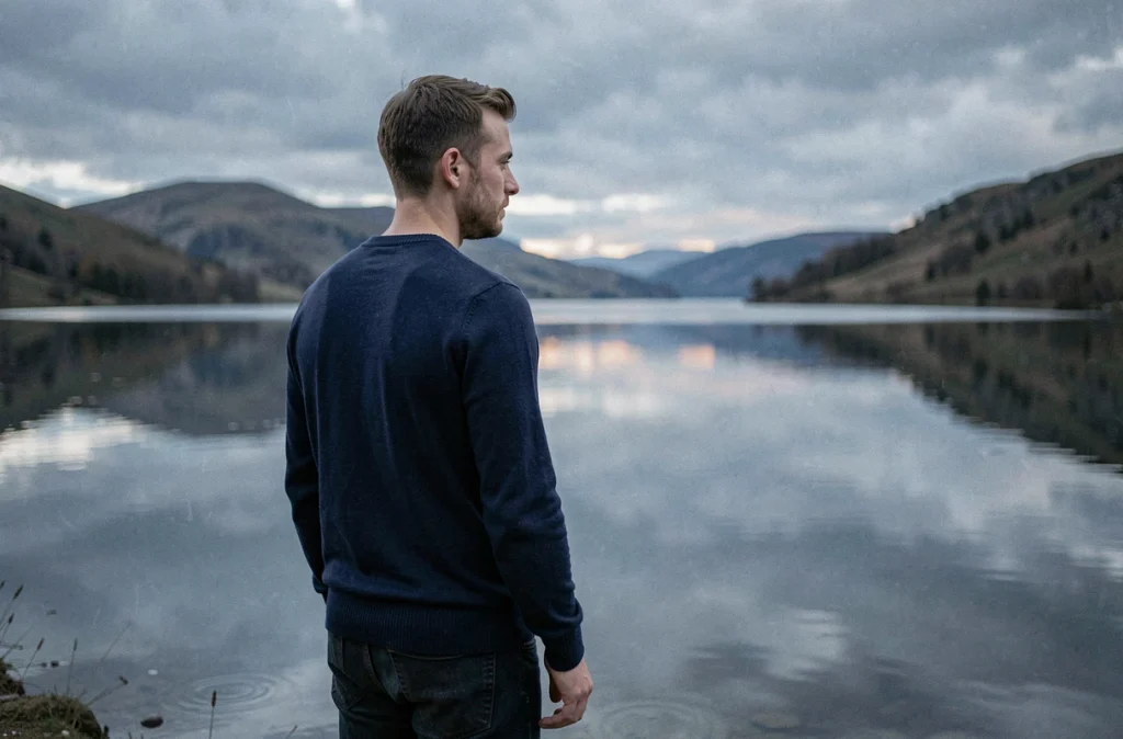 Jeune homme contemplant un lac au crépuscule, symbolisant la profondeur spirituelle et l'origine hébraïque du prénom Evan