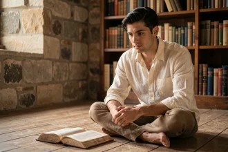 Jeune homme contemplatif lisant un ancien livre dans une bibliothèque en pierre, évoquant la spiritualité et la signification du prénom Evan
