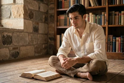 Jeune homme contemplatif lisant un ancien livre dans une bibliothèque en pierre, évoquant la spiritualité et la signification du prénom Evan