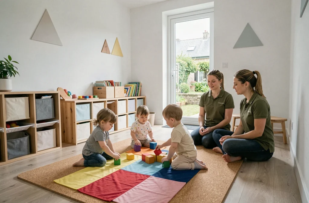 Espace de jeux de la crèche Le P'tit Club à Elven avec des enfants en bas âge et des professionnelles de l'enfance