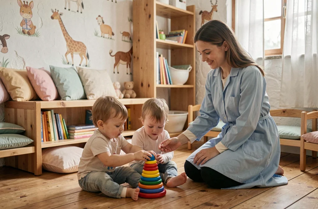 Salle de jeux de la crèche Le P'tit Club à Pleucadeuc avec des tout-petits jouant sous la guidance d'une éducatrice