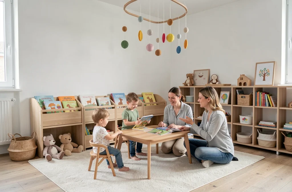 Coin lecture de la crèche Le P'tit Club à Vannes avec des enfants et des éducateurs dans un espace moderne et accueillant