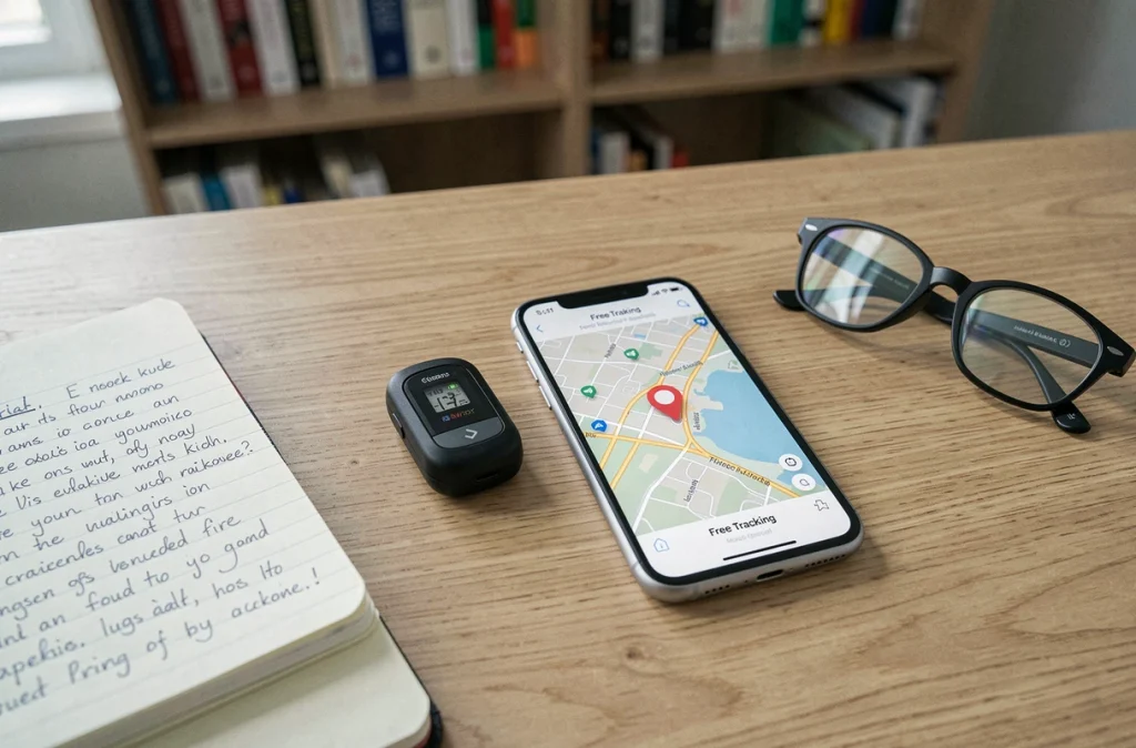 Traceur GPS pour enfant sans abonnement posé sur un bureau à côté d'une application gratuite de localisation sur smartphone