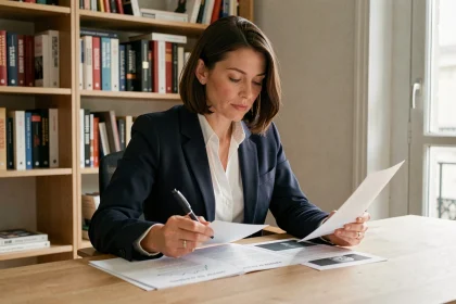 Femme journaliste professionnelle dans un appartement parisien moderne, illustrant la vie privée préservée d'une personnalité médiatique