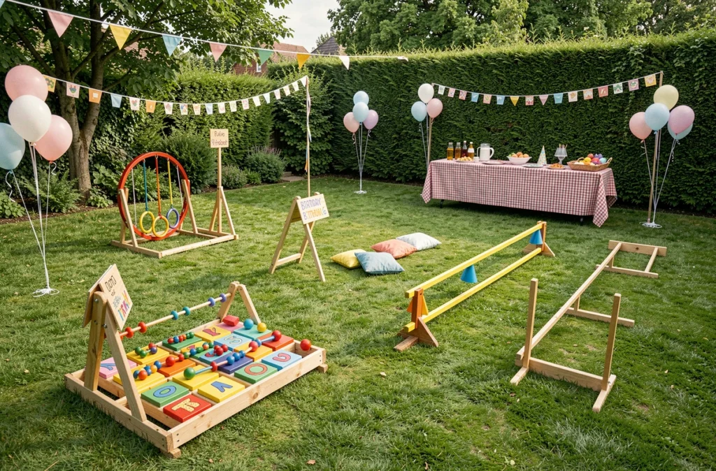 Vue d'ensemble des jeux d'animation pour un anniversaire en plein air dans un grand jardin